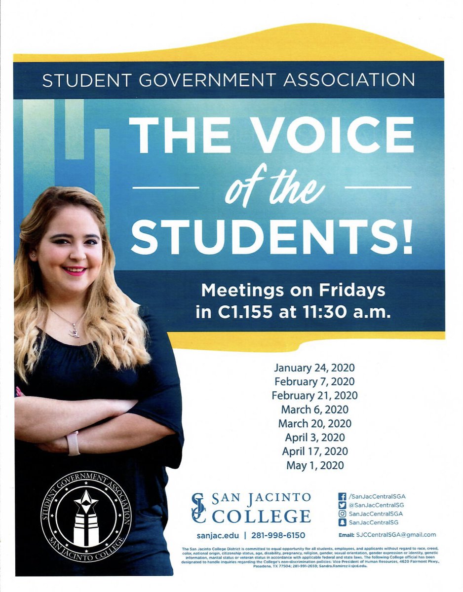 Here will be the listed meetings for the spring semester which will be held in C1.155 at 11:30 am on every other Friday! As always, thank you and have an amazing day! - From your friendly SGA Family. 😄
