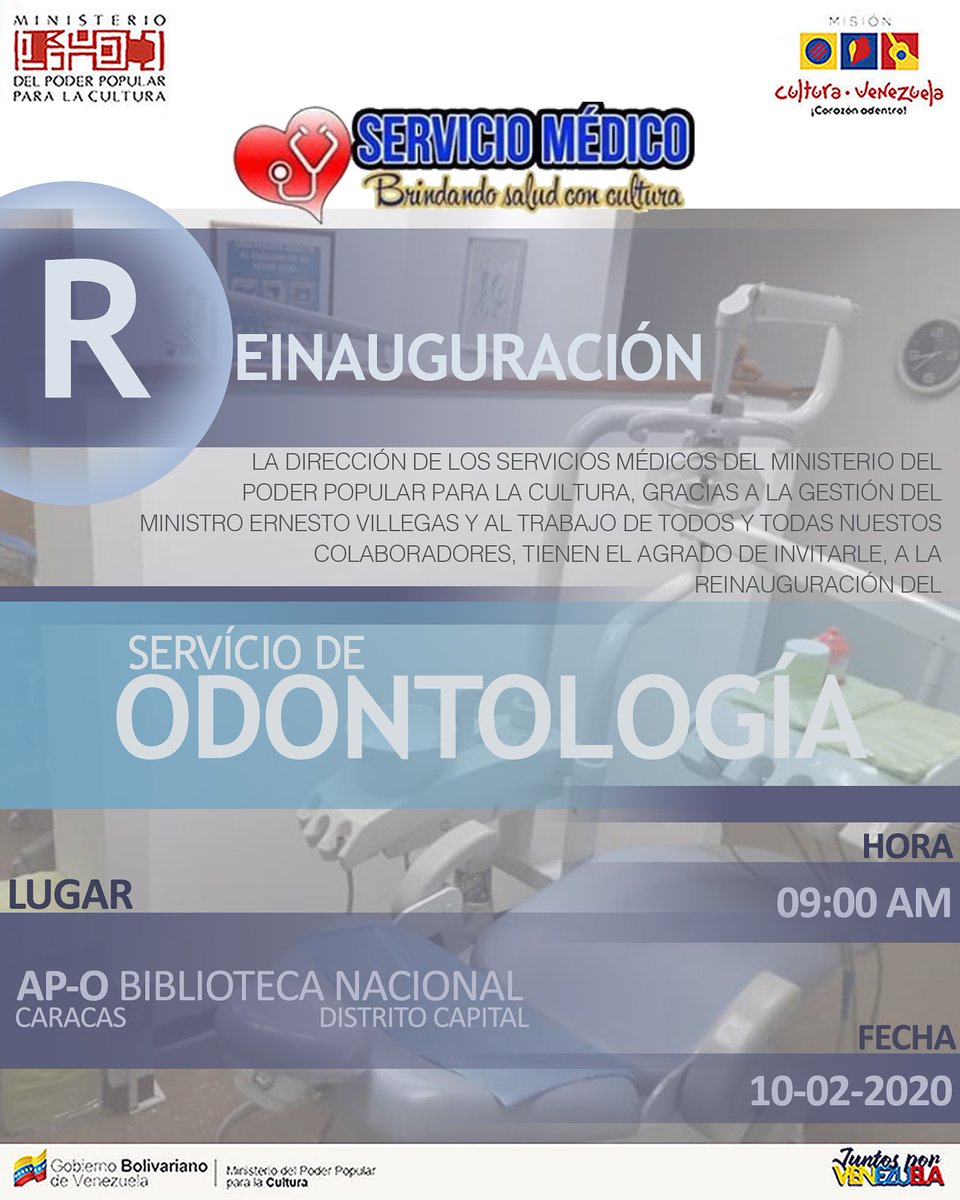 SaludConCultur1's tweet photo. Estamos Reinaugurando servicio de ODONTOLOGIA!. Gracias a la gestión del Ministro Ernesto Villegas, a través de la Dirección de los Servicios Médicos del MPPC. Brindando salud con cultura!. Seguimos trabajando https://t.co/5SShbpJjcb
