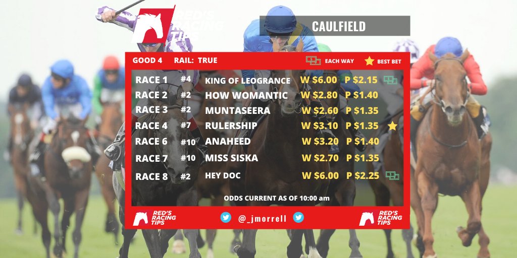 _jmorrell's tweet image. RED'S RACING TIPS 🔴🏇

G1 back in action today, what a time to be alive!

If your just new here 👇

🔴Red Recommends - Outlines a $100 betting strategy
🏇Caulfield Card - Bettings suggestion for Melb Card

If your following give us a 👍

GOOD LUCK!

#redsracing