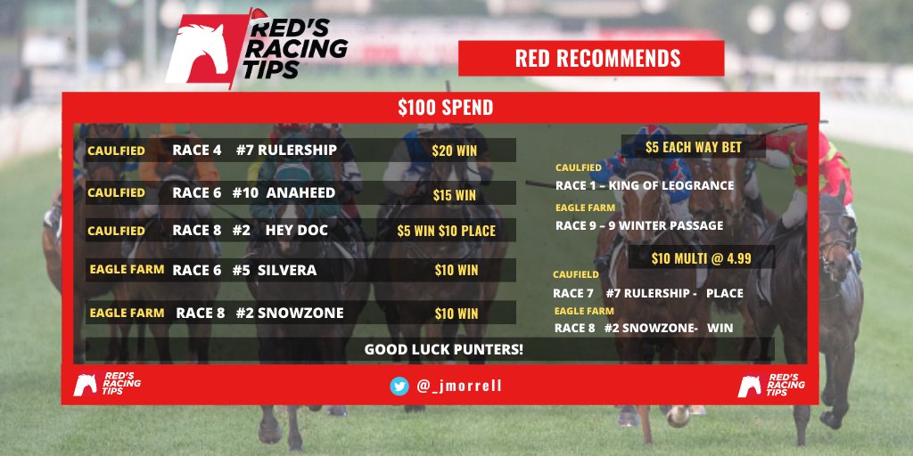 _jmorrell's tweet image. RED'S RACING TIPS 🔴🏇

G1 back in action today, what a time to be alive!

If your just new here 👇

🔴Red Recommends - Outlines a $100 betting strategy
🏇Caulfield Card - Bettings suggestion for Melb Card

If your following give us a 👍

GOOD LUCK!

#redsracing