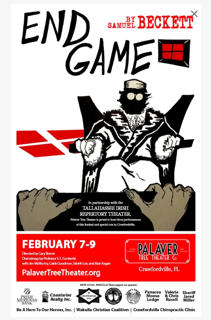 Tonight starts Samuel Beckett's Endgame performed by <a href="/RepIrish/">TallahasseeIrishRep</a> . A show worth seeing and a cast worth following. 
palavertreetheater.org/collections/ti…

#SmallTownNotSmallMinds