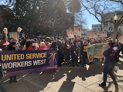 SEIU1000's tweet photo. #StrongerTogether. Janitors are fighting for dignity, respect, and safety on the job. #Local1000 stands united with @seiuusww, a new union contract that will change lives of many families with immigrant workers. #JusticeForJanitor #YaBasta https://t.co/XXDASB7hW9