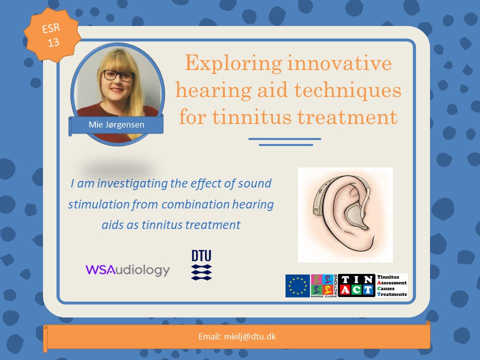 Mie Jorgensen is our <a href="/TIN_ACT/">TIN-ACT project</a> ESR number 13. Her #TinnitusResearch is focused on #TinnitusTreatment using innovative #HearingAid techniques. She is based in <a href="/DTUtweet/">DTU</a>, Copenhagen, Denmark. #TinnitusWeek <a href="/MSCActions/">Marie Skłodowska-Curie Actions</a> <a href="/TinnitusHub/">Tinnitus Hub</a> @BritishTinnitus @ThroughTinnitus