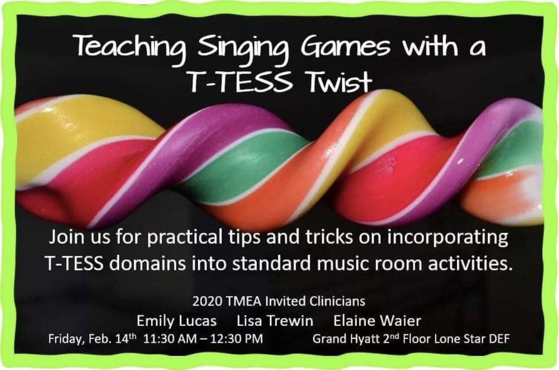 Be sure to attend <a href="/TMEA/">TMEA</a> <a href="/MsTMusicNotes/">Lisa Trewin</a>, <a href="/popemusicians/">Pope Music</a>, and @MrsLucasMusic session on #singinggames with a #ttess twist! #tmea2020  <a href="/CFISD_FineArts/">John Morrison</a>
