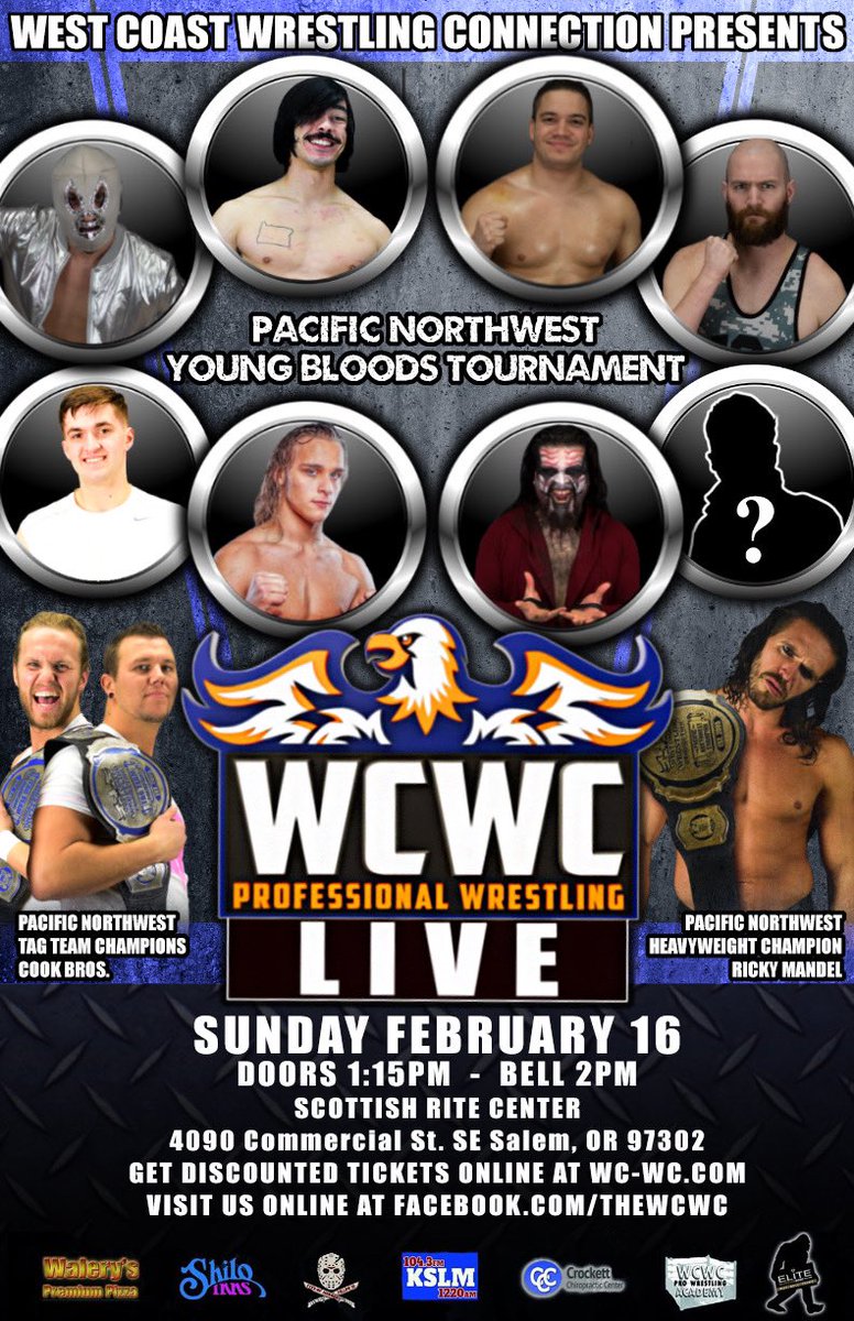 TheWCWC's tweet photo. WCWC Professional Wrestling Presents The Pacific Northwest Young Bloods Tournament 
2•16 | Salem, OR | Tickets: https://t.co/jXnuyceNc0
#TheWCWC #YoungBloodsTournament https://t.co/kdfkBujax9