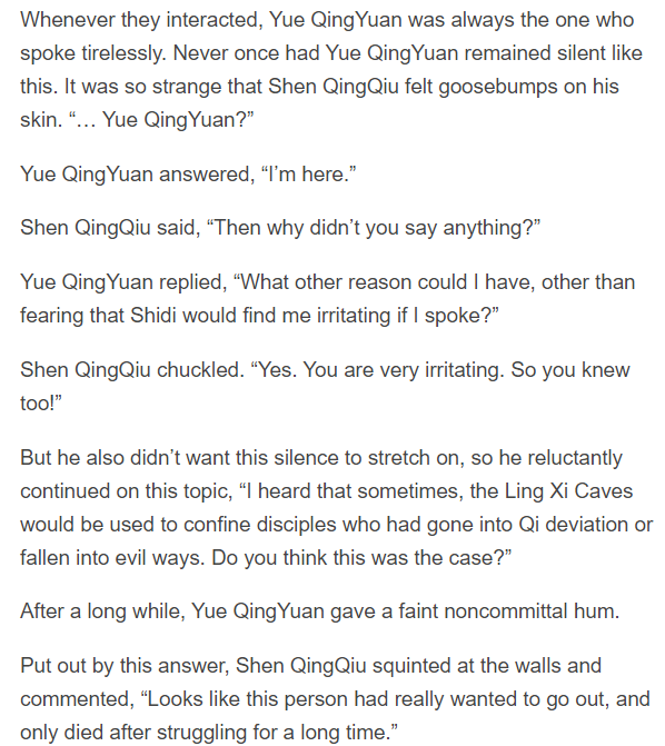 Now touching on a point LRT brought up: why didn't YQY speak? Cowardice is often cited, but I disagree. The biggest evidence is in part 5 of chapter 91, where YQY follows SJ into LX Caves to help him through his bottleneck (screen from pizzicatto's tl).