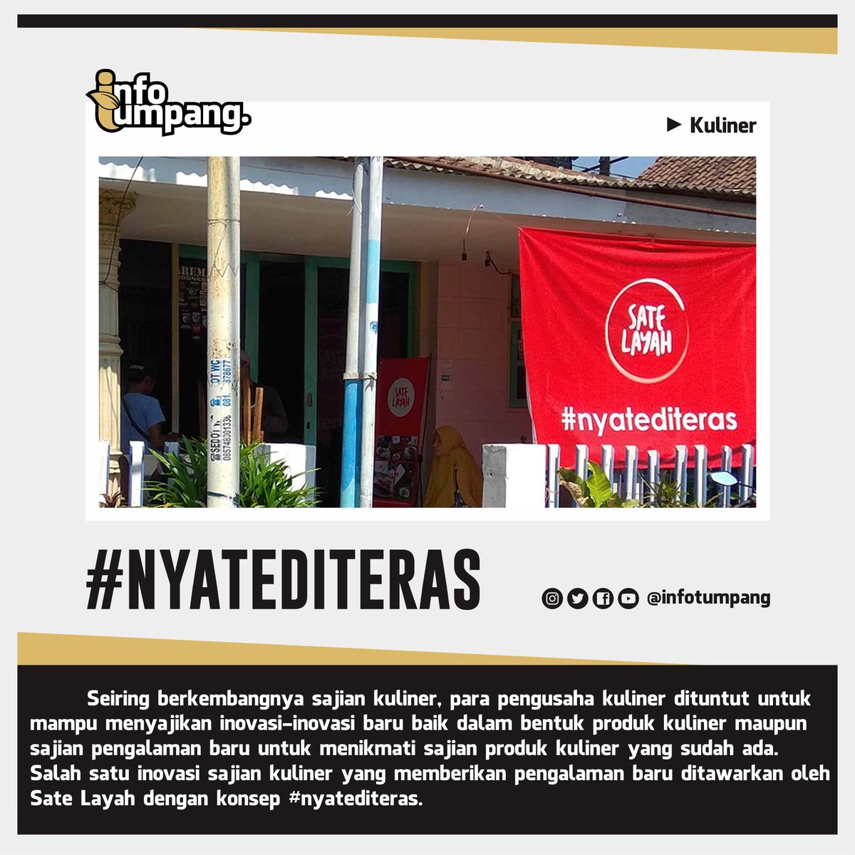 Halo Nawak, info kuliner mengenai #nyatediteras.
__
Berapa kali dalam seminggu nawak-nawak sarapan di Sate Layah dan merasakan pengalaman baru dalam menikmati kuliner dengan #nyatediteras? Tulis di kolom komentar >>>>>>>
#infotumpang #infottpwj