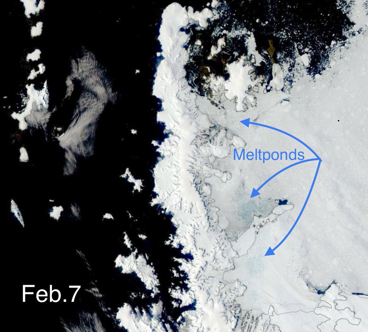 Antarcticacl's tweet photo. Record de Temperatura de Feb.6 en #Antartica causó enormes PozasDeAgua(#Meltponds) en superficie del Hielo al Este de la Península👇Al ser más oscura q el #Hielo, el Agua de la Poza absorbe #RadiacionSolar, se calienta y perfora el Hielo! Imágenes de Aqua🛰️https://t.co/9q6TTIZcvG https://t.co/XBuoWhNPIi