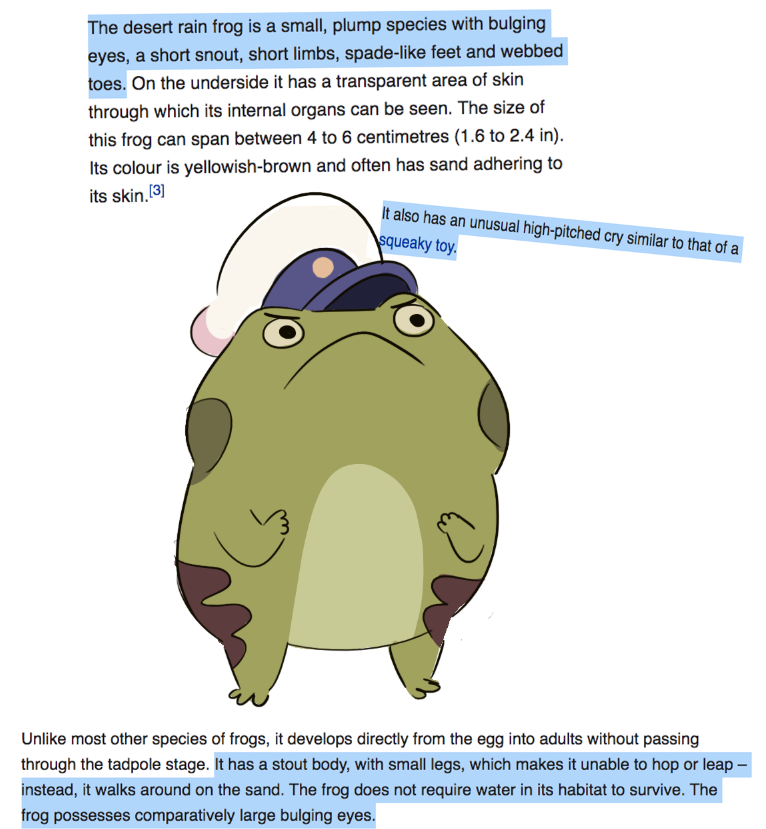 Doing research for a frog character and there is nothing better than wikipedia's unflattering description of the desert rain frog
