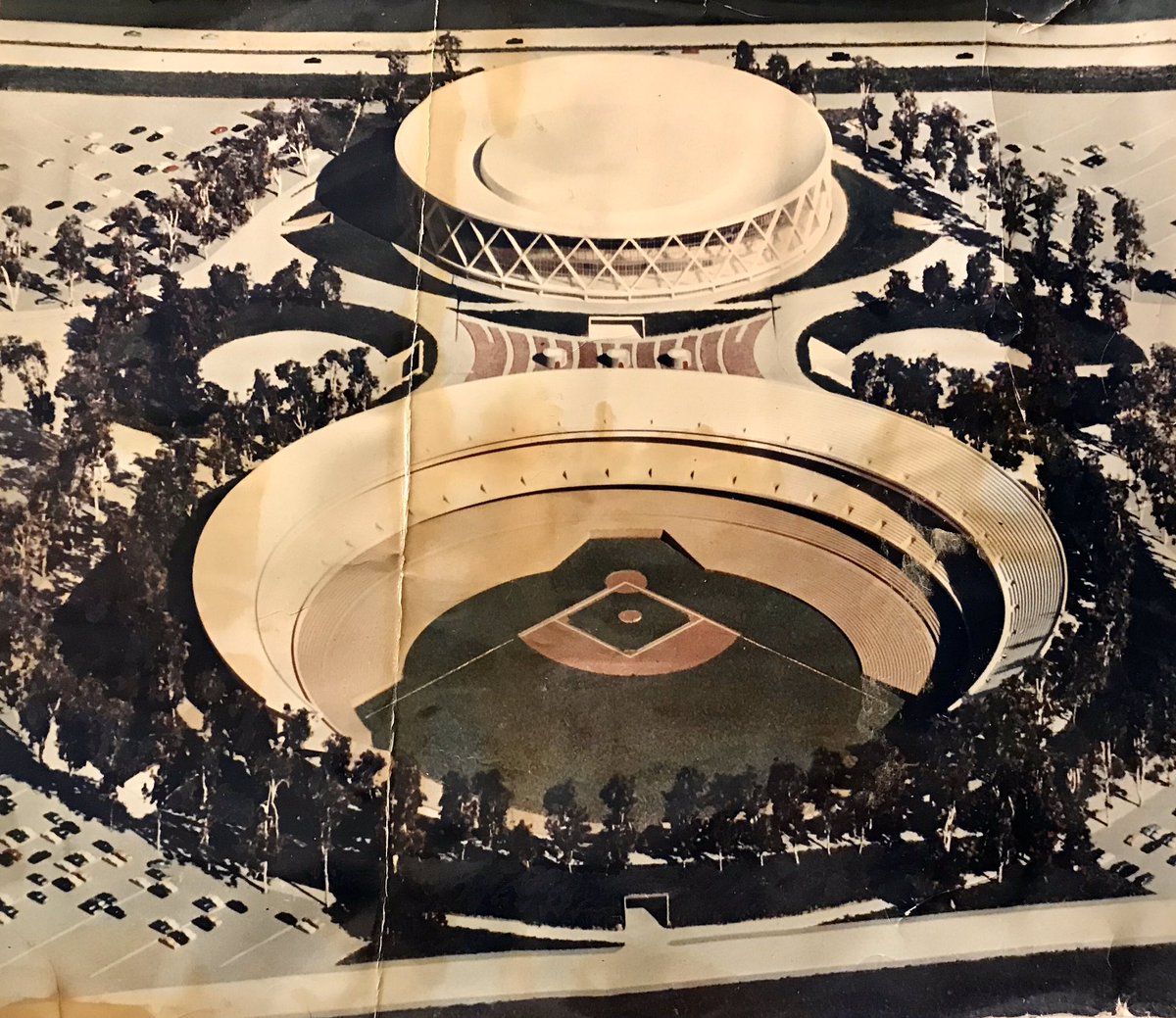 AsFanByDesign's tweet image. Found this super old poster of a model of the Oakland Coliseum and Arena while cleaning out a bunch of my grandparents’ stuff from the 1960’s... no idea when this was made/printed.