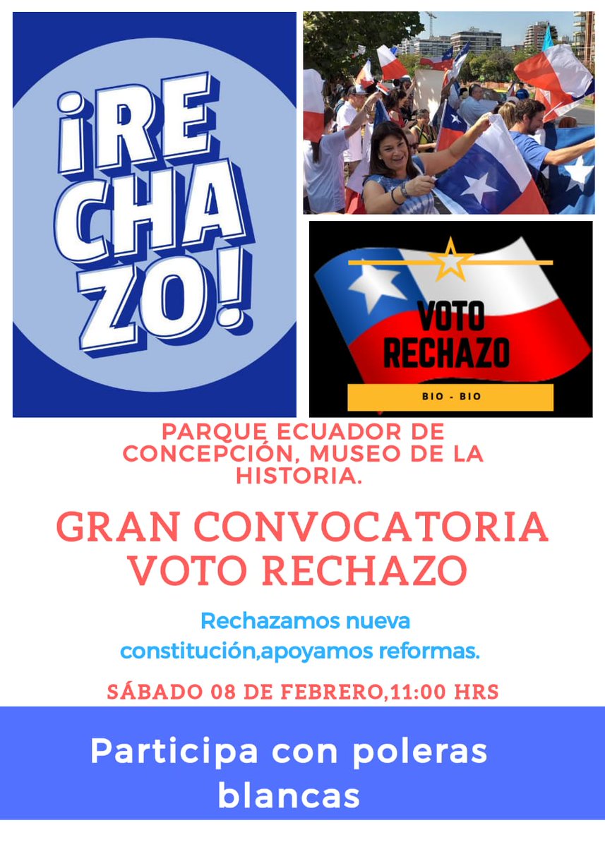 mortizherrera's tweet image. 🔳CONCEPCIÓN | Hoy 8 de febrero a las 11 de la mañana en el Parque Ecuador nos reunimos los patriotas en un BANDERAZO POR EL RECHAZO A LA NUEVA CONSTITUCIÓN 

🔹️Vamos Penquistas los esperamos, no olvides traer tu bandera 

🔹️No faltes!!

#YoRechazo #NoALaNuevaConstitucion