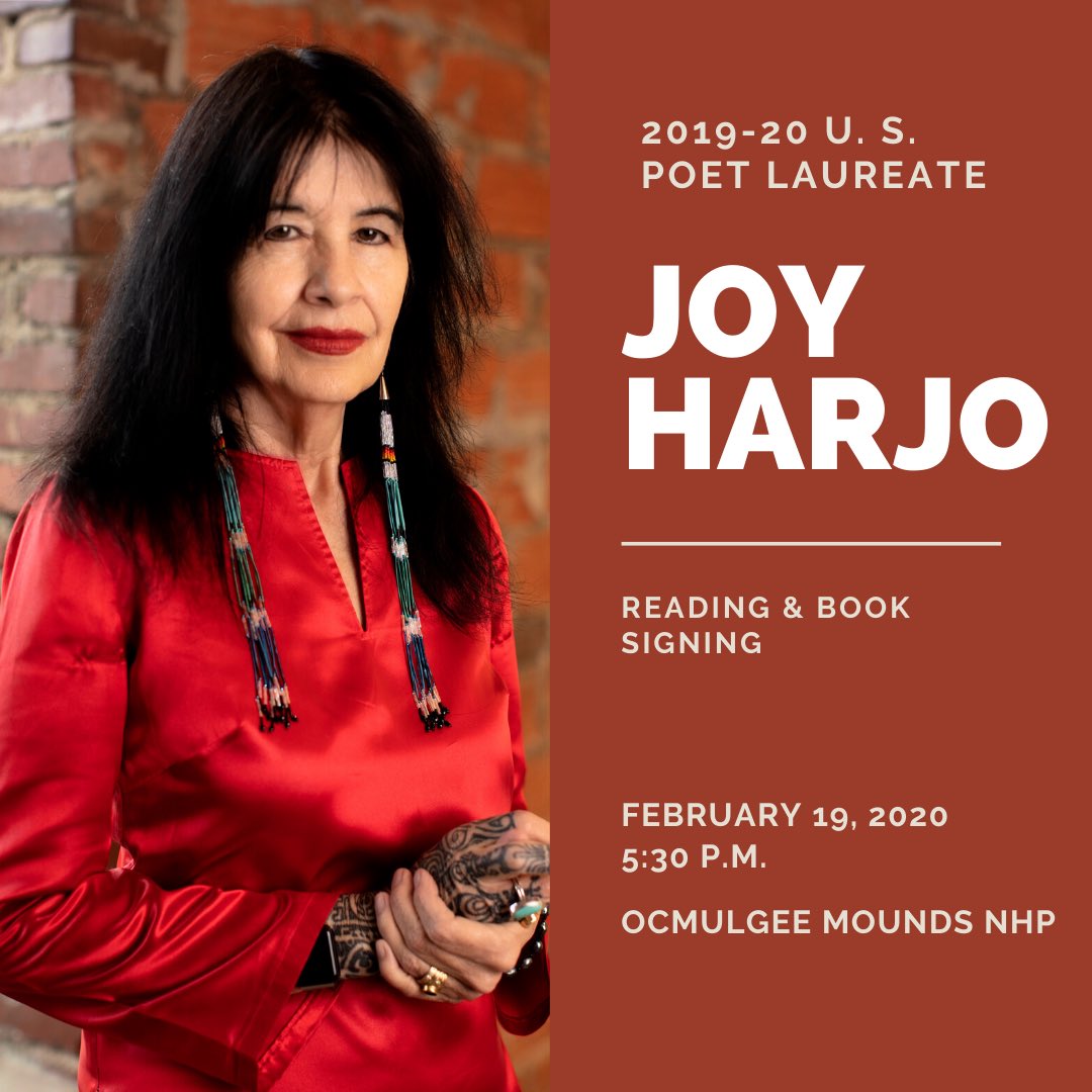 ocmulgeemounds's tweet photo. Joy Harjo, 2019-20 U.S. poet laureate, comes to Ocmulgee Mounds National Historical Park for a reading and book-signing Feb 19 @ 5:30pm.

Harjo, a member of the Muscogee Creek Nation, is the 1st Native American to be named U.S. poet laureate. 

#Muscogee #mvskoke #poetlaureate https://t.co/Vqmvdvb1S2