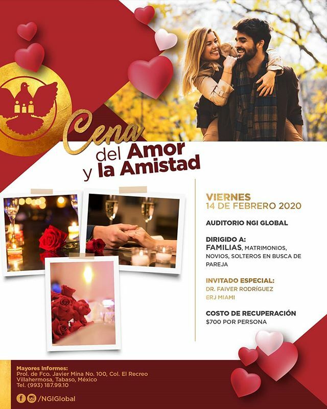 NGInternacional's tweet photo. "Cena del Amor y la Amistad"

Viernes 14 de Febrero 2020
Auditorio NGI Global

Dirigido a:
Familias, Matrimonio, Novios y Solteros en busca de parejas.

Invitado Especial:
Dr. Fiver Rodríguez - ERJMiami

Costo de Recuperación
$700 por persona.

Mayores I… https://t.co/7cce56WkXB https://t.co/UW5tbAlWfF