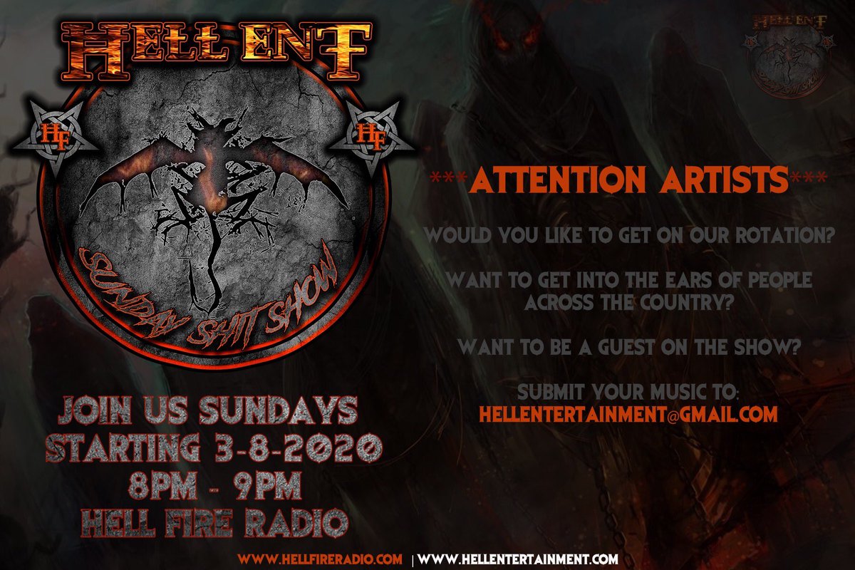 mediabydiggz's tweet photo. We go live on March 8th from 8pm-9pm. Artists send your music to us to get on the rotation. Email is to be a guest on the show!
#sundayshitshow #hellfireradio #hellentertainment @IAMCLAAS @tweetmesohard @Mars @TheRealSch @SkySwampOrange @DEADBYWEDNESDAY @BlazeYaDead1 https://t.co/63ERo08fqT