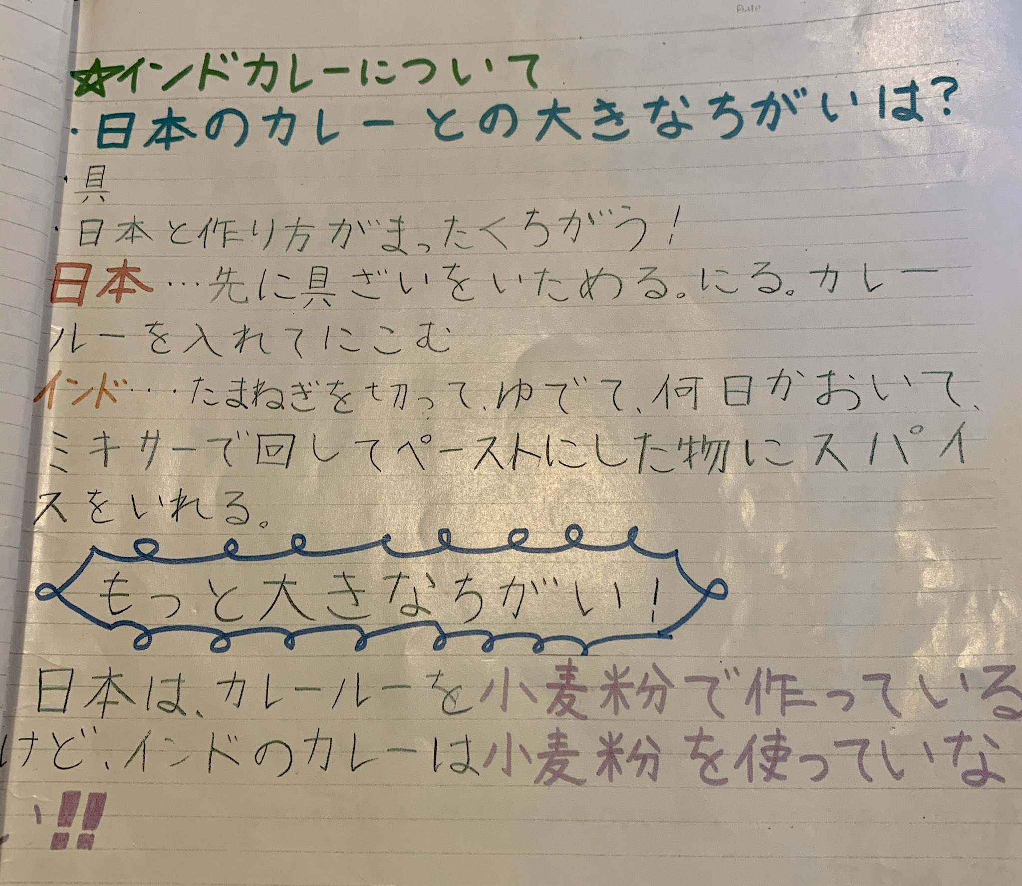 カフェバグダッド 小学6年生が自由研究で 近所のインドカレー店について取材した詳細なレポート テーブル横にさりげなくかかっていたが これって最強の宣材では 日本のカレーとインドのカレーの違いから説きおこし インド出身のイスラム教徒のシェフの