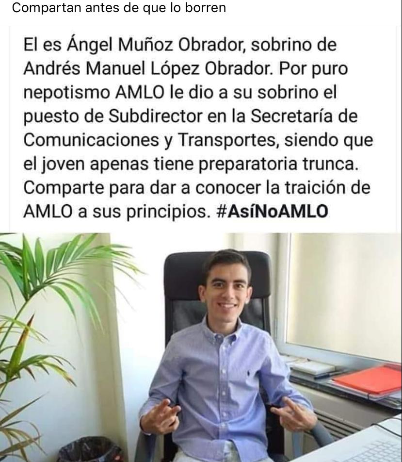 Sobrino de AMLO es subdirector de SCT, ni PREPA tiene

El nepotismo es corrupción 

#AsiNoAMLO