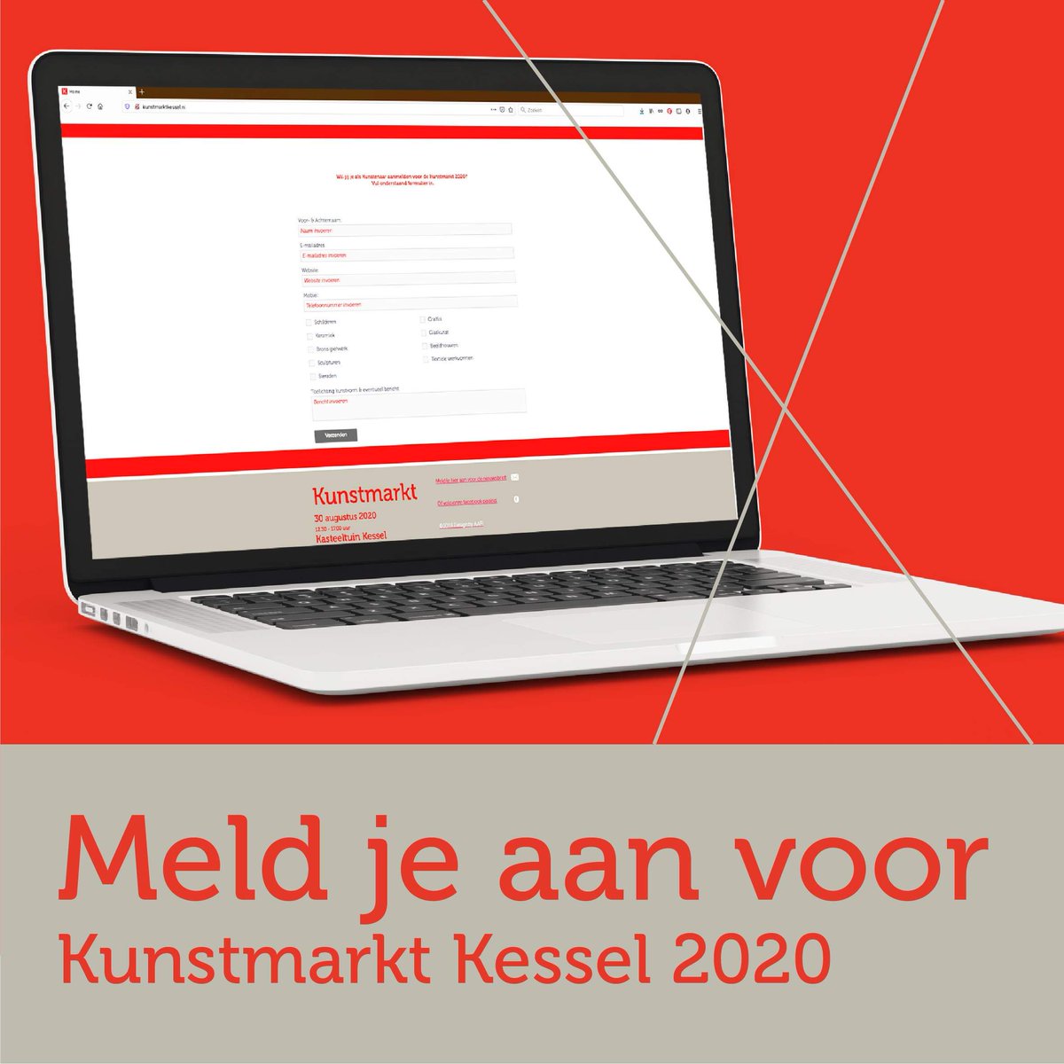 Nog enkele plaatsen vrij voor de unieke Kunstmarkt 2020 op 30 augustus. Interesse? kunstmarktkessel.nl voor een inschrijfformulier.