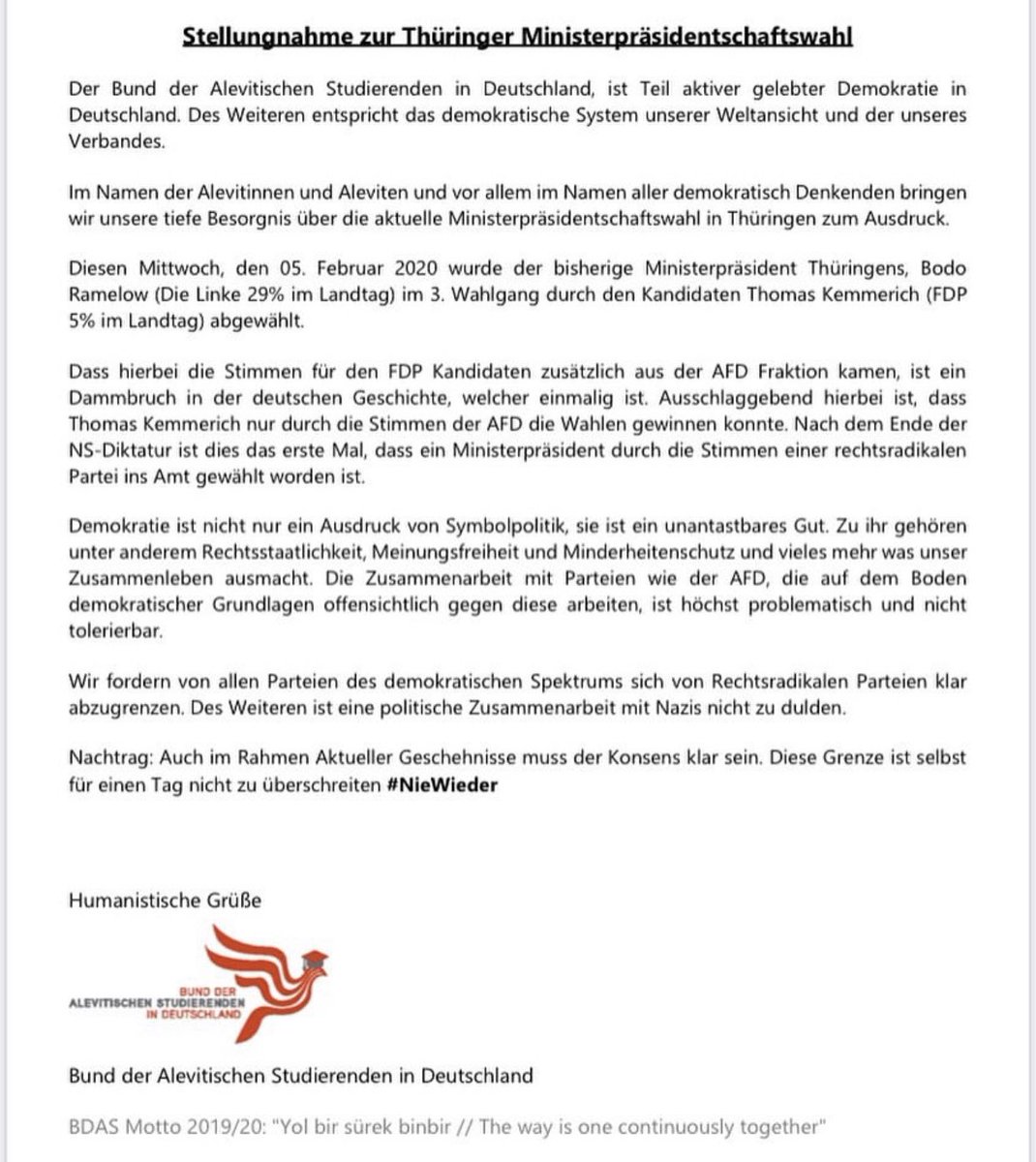Stellungnahme zur Thüringer Ministerpräsidentschaftswahl. #niewieder