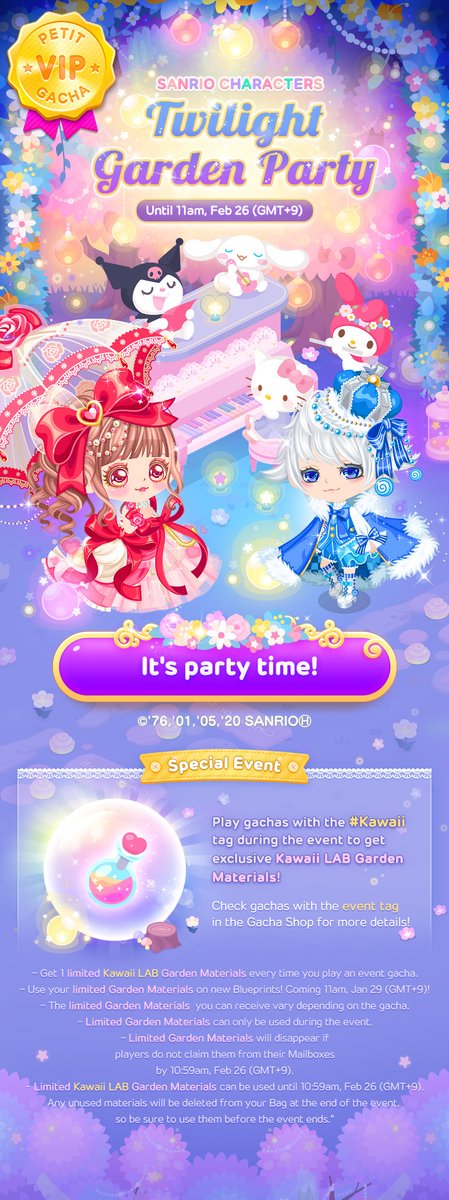 LINEPLAY_Info's tweet photo. Returning Gacha! Get limited Kawaii LAB Garden Materials when you play! The VIP Petit gacha, "Sanrio characters' Garden", is back for a limited time only! Ends on February 26 at 11:59pm (GMT+9). https://t.co/jF3XqGn2Fi