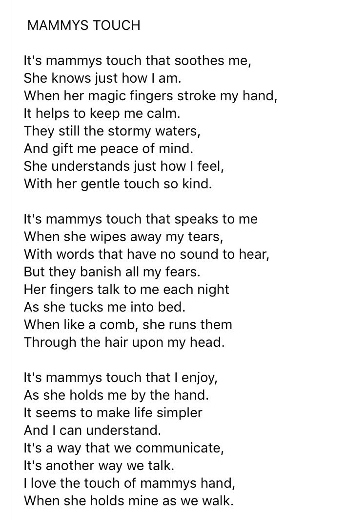 shakespeare_d's tweet photo. We've been honoured with a few thought provoking poems from my kind hearted cousin @GerryDunne57 they always touch my heart, he understands Harry in a way I wish others could to. Check out his poem below that he wrote for my profile pic. "Mammy's Touch"
#changingthoughts https://t.co/xq89MSjWEs