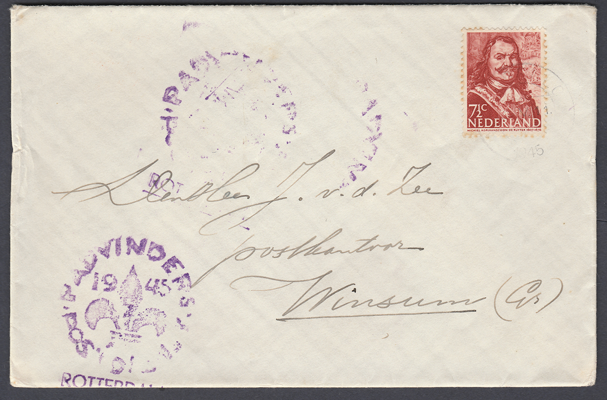 winterstamps's tweet photo. Na de #bevrijding waren de postverbindingen moeilijk en niet direct hersteld. #Padvinders hielpen zoals hier brief van #Rotterdam via #Groenlo naar #Winsum (Gn.). #filatelie #postzegels #verzamelen #Winterstamps https://t.co/i2orSFgMbu