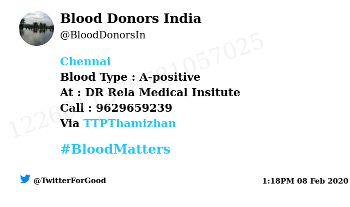 BloodDonorsIn's tweet photo. #Chennai
Need #Blood Type :  A-positive
At : DR Rela Medical Insitute
Number of Units : 20
Primary Number : 9629659239
Secondary Number : 7708747107
Patient : Nithesh 
Illness : Acute Liver
Via: @TTPThamizhan
#BloodMatters
Powered by Twitter https://t.co/FZ0yu7e2xN