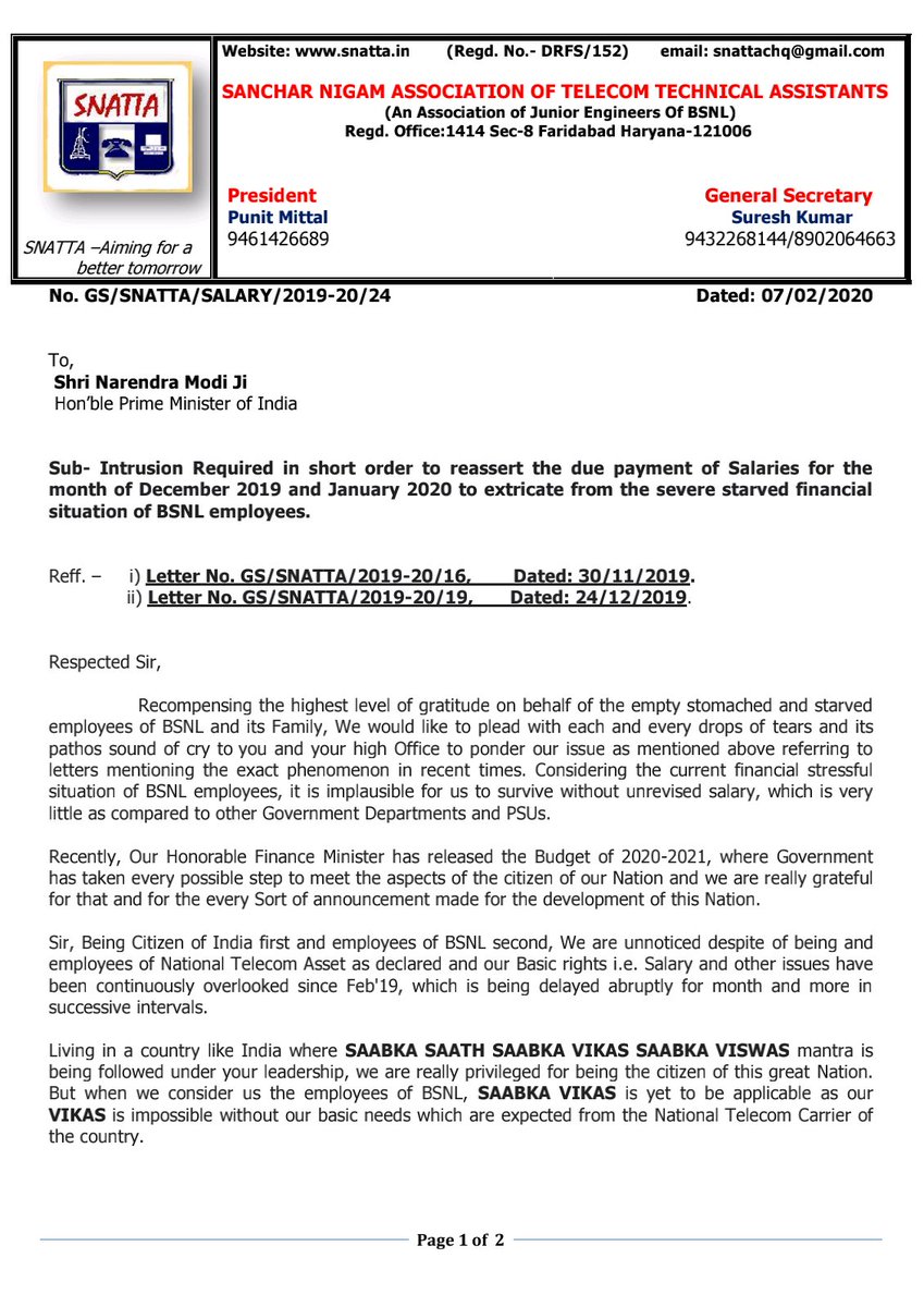 SNATTACHQ's tweet photo. #Salary_for_BSNL Intrusion required in short order to reassert the due payment of the salaries for the month of Dec 19 &amp; Jan 20 to extricate from the severe starved situation of BSNL Employees @narendramodi @PMOIndia @rsprasad @OfficeOfRSP @CMDBSNL @DoT_India @arvind9963 https://t.co/E7CinB2H7C