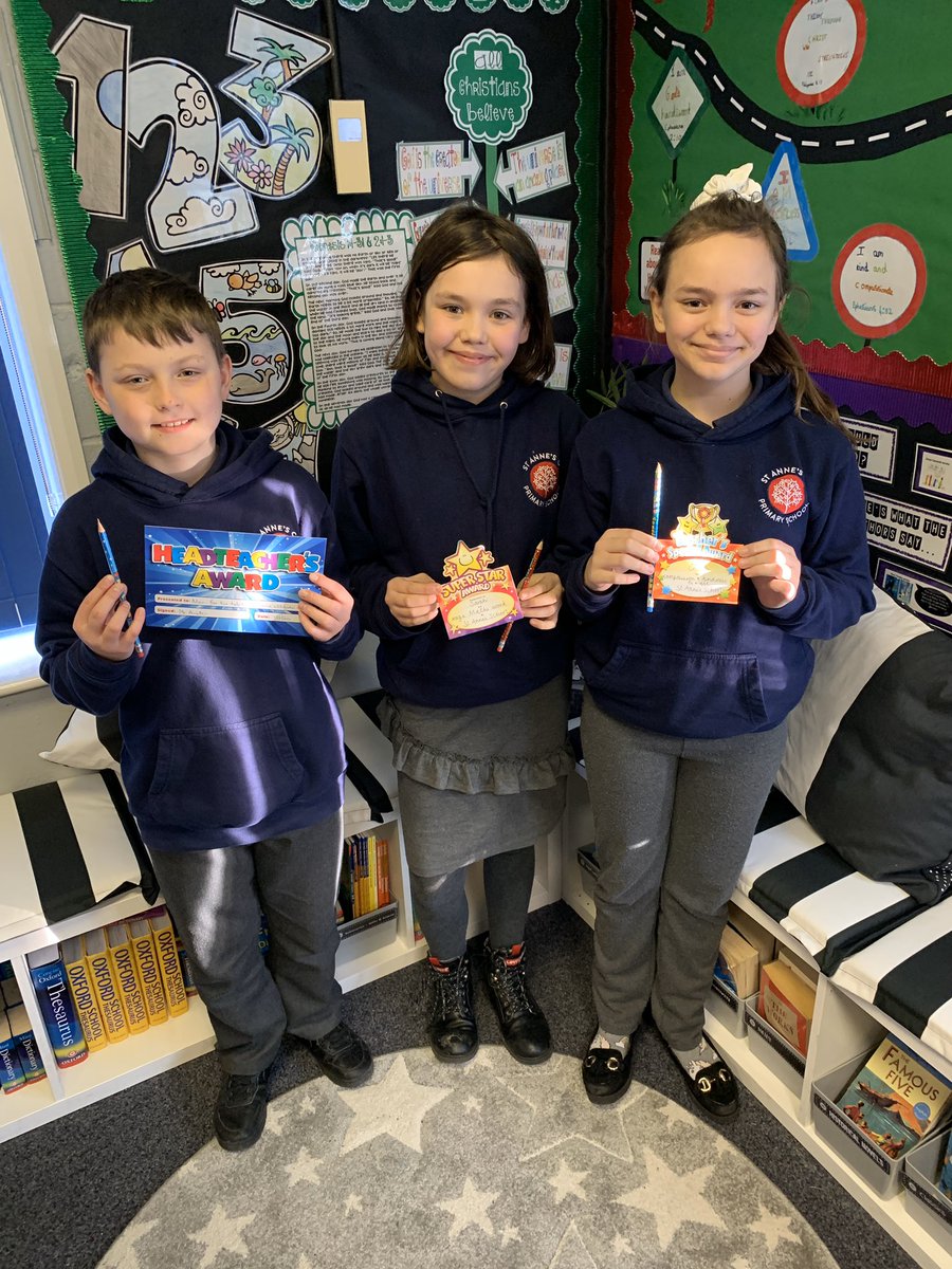 STAClassY6's tweet photo. Congrats to Alan who got the Headteacher’s Award for his super attitude to work &amp; school, to our Superstar Award winner Sarah for her mega Maths work and to Charlie who is our Teacher’s Special Award recipient for her infectious compassion &amp; kindness to all! Great job guys👏👍 https://t.co/Wc59wYD03h