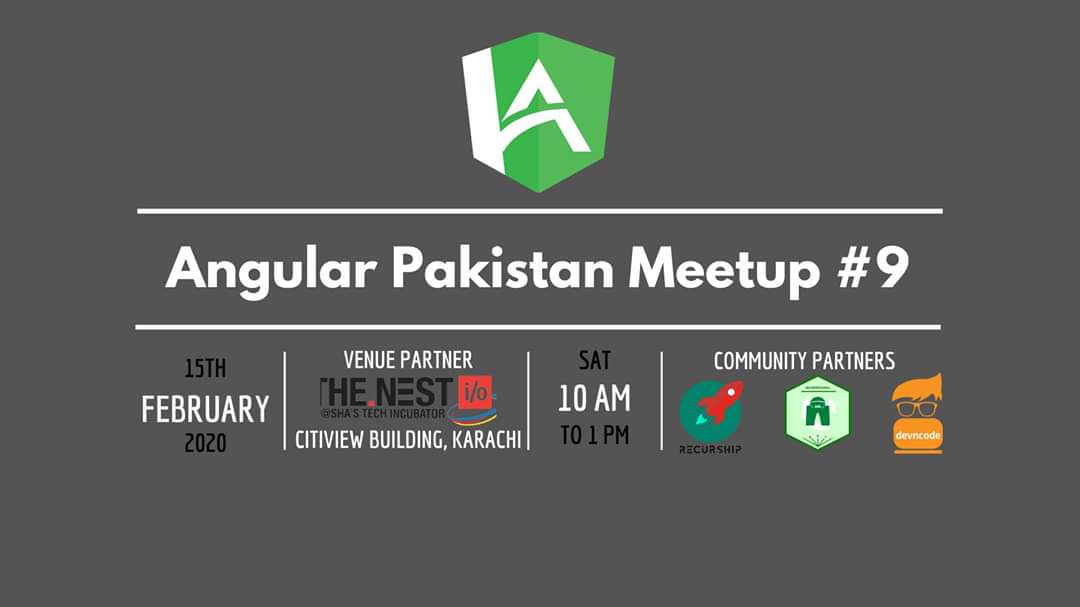 We're back with our next event.
Keep an eye on our Facebook for registration details coming up soon
m.facebook.com/events/1923598…

#angular #angularV9 #2020 #ngPakistan #karachi #devncode #recurship <a href="/TheNestiO/">The Nest I/O</a> #nodeSchoolKarachi