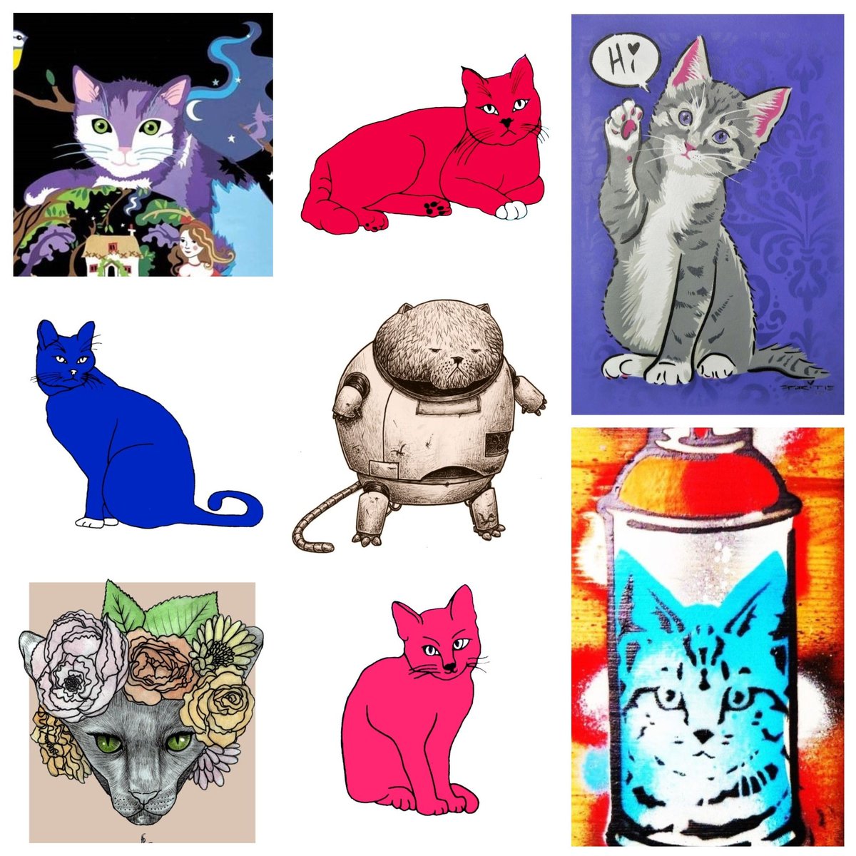 😺 Happy #Caturday! 😻 We're feelin' the feline here at #ConclaveBrighton! Here are 8 of the Group Show 8 purrmongers.  Shown: Vicky Scott, Liz Whiteman Smith, Sprite, Cassette Lord, Kid Squid, Leo Kember.

#cats #catart #feline #moggy #affordableart #brightoncats #kitty