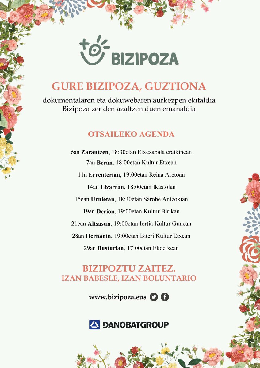 📽 Gure Bizipoza, guztiona ERRENTERIAN!!!

Zatoz eta Bizipoztu zaitez gurekin! 💜💙💚💛🧡❤️

📅 Otsailaren 11n
⏱ 19:00etan
📍Errenteriako REINA ARETOAN

🔎🔎 Adi! Apuntatu HURRENGO DATAK zure agendan!