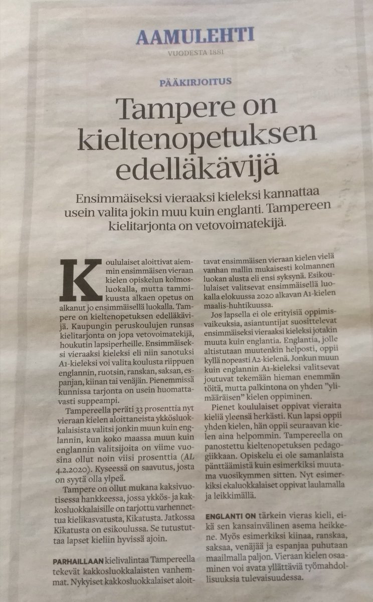 Onnittelut Tampere! Aiempina vuosina muun kuin englannin A1 kieleksi valinneita oli 24-28%, nyt peräti 33% #kieltenopetus #varhentaminen #kielivaranto