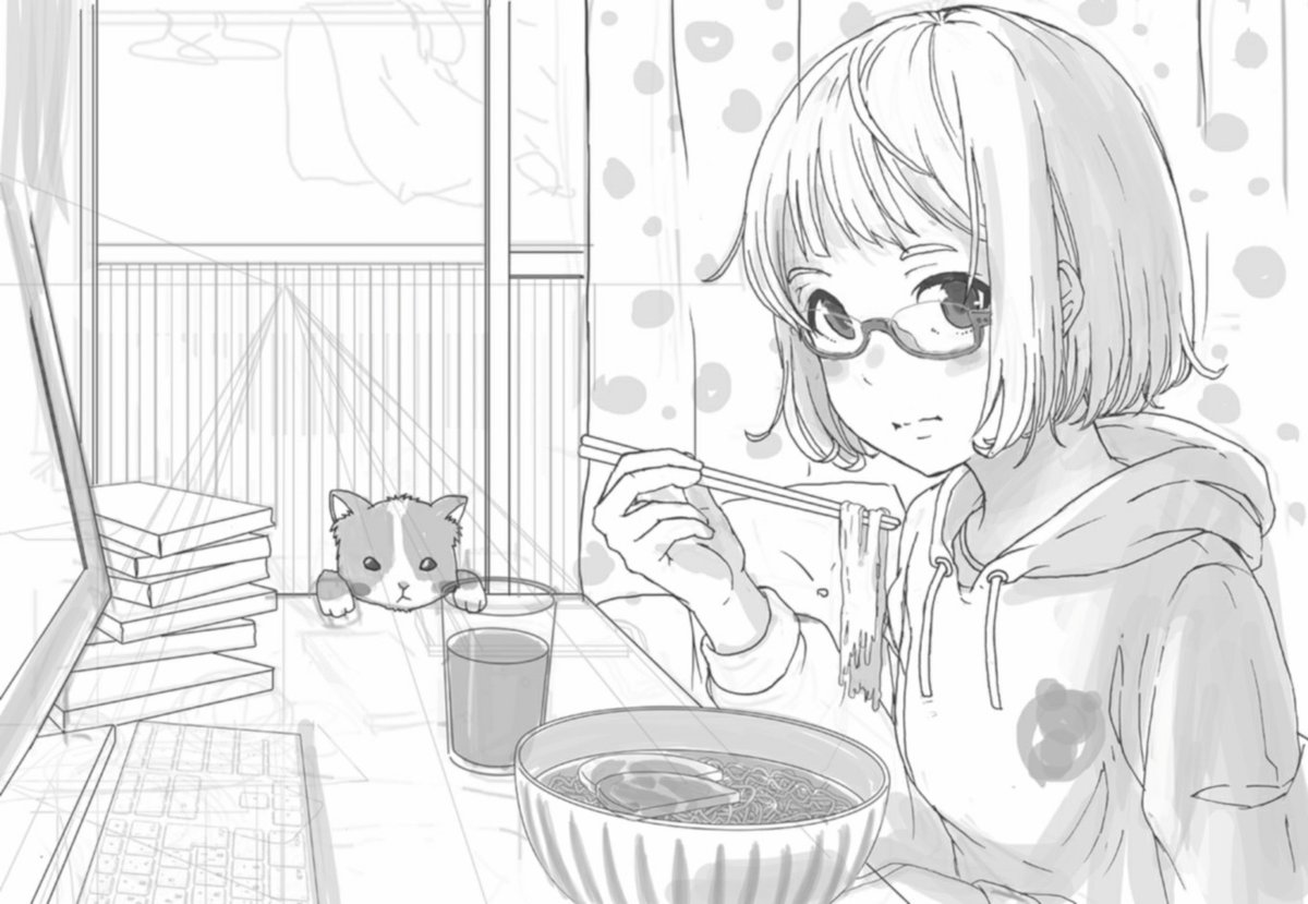 クニ 部屋でラーメン食べてる系女子 イラスト 絵描きさんと繫がりたい