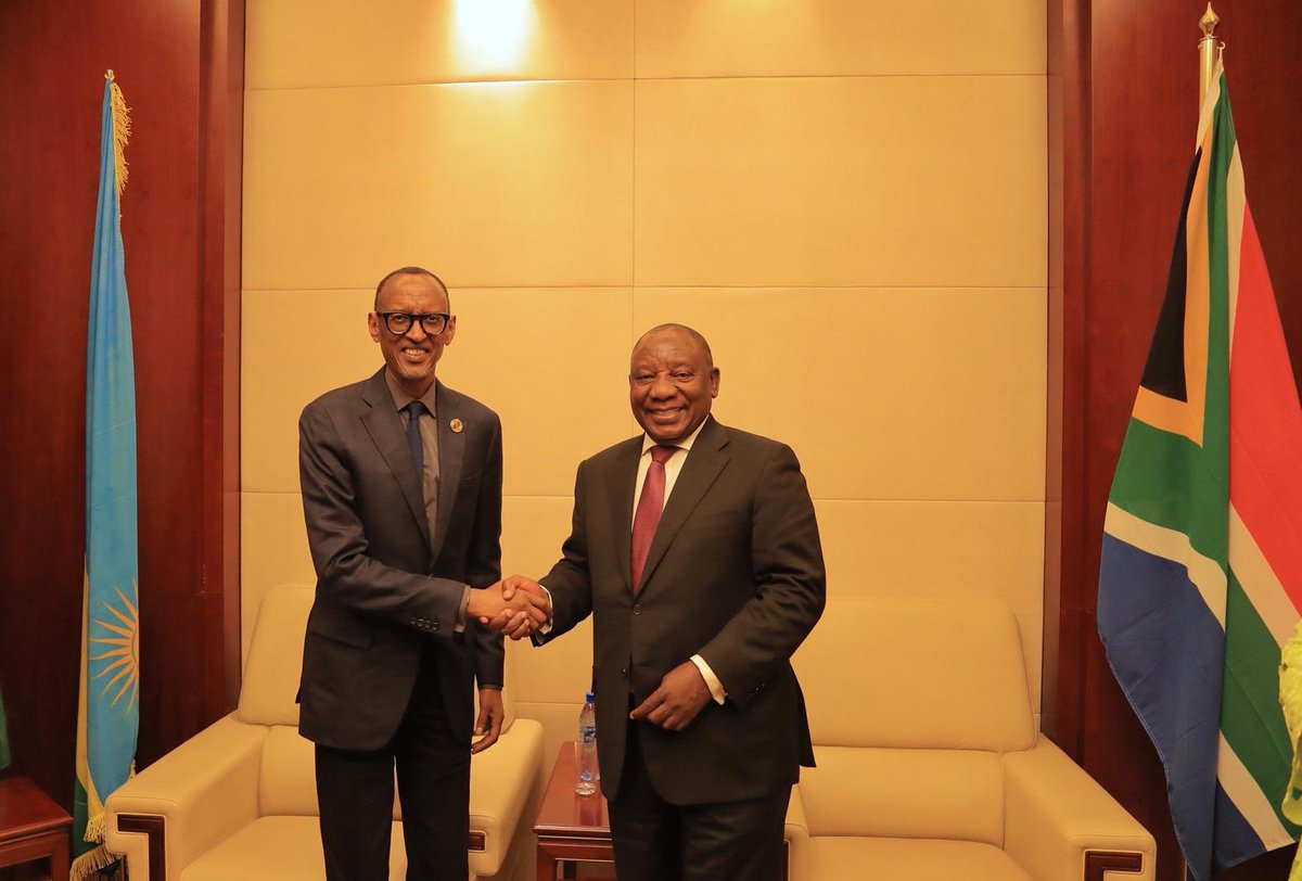 UrugwiroVillage's tweet photo. President Kagame meets with President @CyrilRamaphosa, who will be assuming chairmanship of the African Union during this #AUSummit. https://t.co/a5olM4T47O