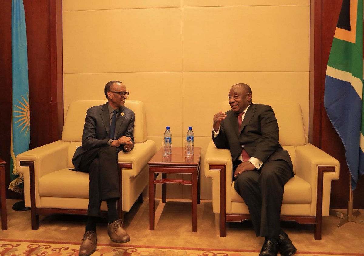 UrugwiroVillage's tweet photo. President Kagame meets with President @CyrilRamaphosa, who will be assuming chairmanship of the African Union during this #AUSummit. https://t.co/a5olM4T47O