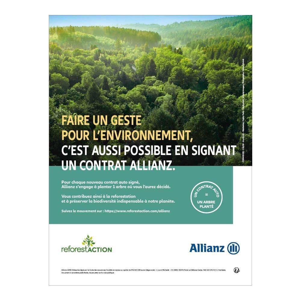 En partenariat avec <a href="/reforestaction/">Reforest'Action</a>, pour chaque nouveau contrat auto signé, <a href="/allianzfrance/">Allianz France</a> s’engage à planter un arbre où vous l’aurez décidé. Vous contribuez ainsi à la reforestation et à préserver la biodiversité indispensable à notre planète.