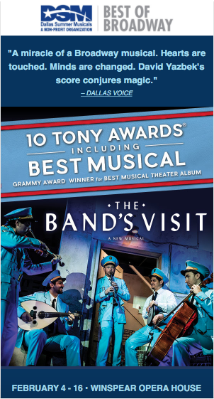 thePositiveMOM's tweet photo. "A miracle of a Broadway musical. Hearts are touched. Minds are changed. David Yazbek's score conjures magic."
– DALLAS VOICE
@TheBandsVisit
@DSMusicals
@BwayAmerica
#TheBandsVisit #DSMusicals #TheBandsVisitTour
@WhollyART https://t.co/qd6hwdTLyB