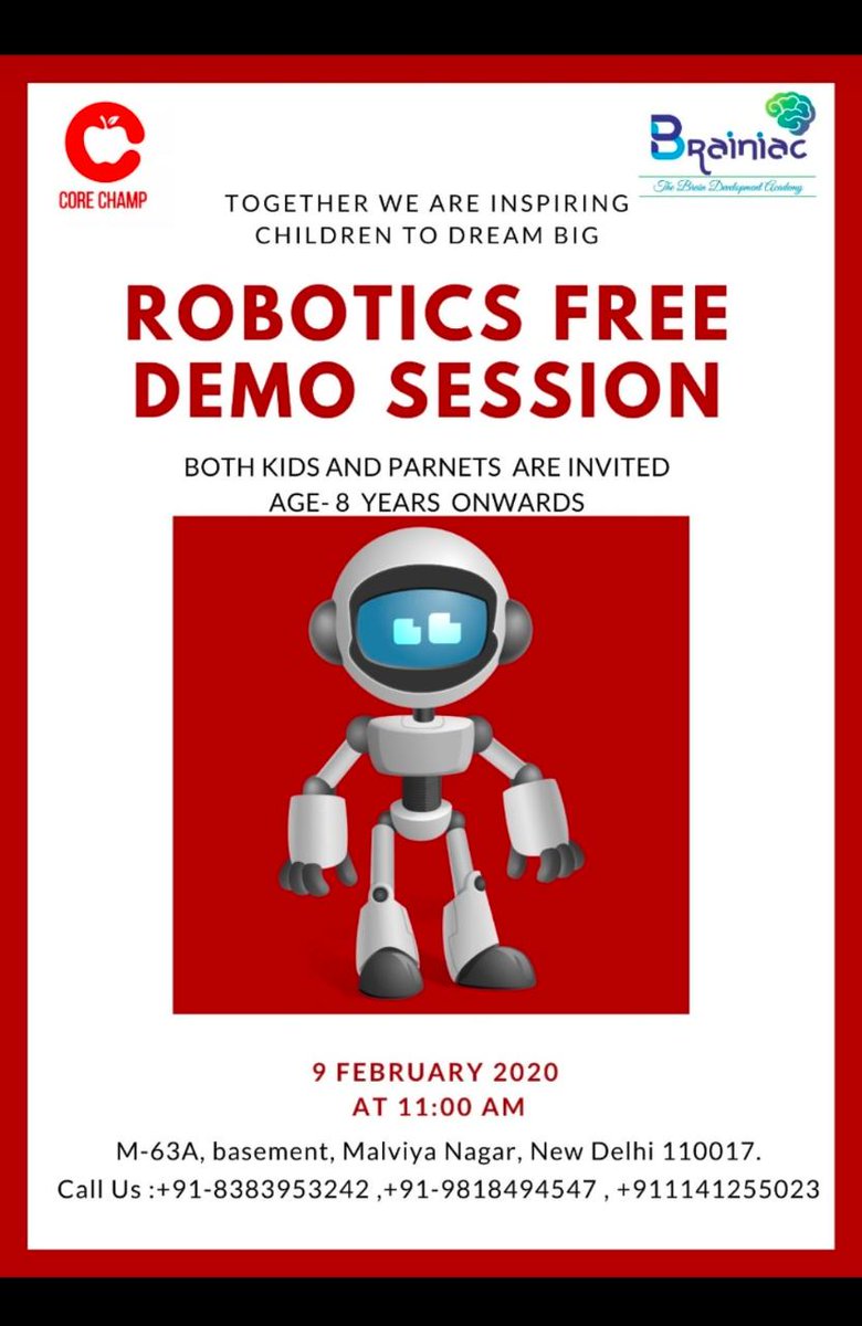 stembazaar's tweet image. "Technology won't replace teachers but teachers who use technology will probably replace who don't."
We invite you all to attend this free introductory robotics training program at Brainiac activity centre malviya nagar, New Delhi.
#STEM #STEMeducation #NITIAayog #Betterindia