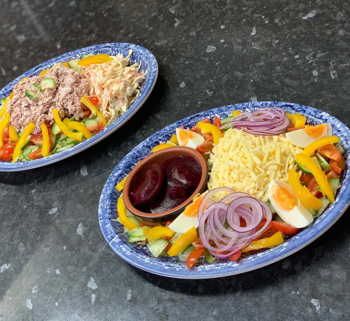 Food spam 🍴 

•Quiche Salad with homemade crinkle cut chips 

•Cheese salad &amp; Tuna Mayonnaise salad   
#lunch #foodspam #homemade #fresh #quiche #salads #tearoom #Manchester