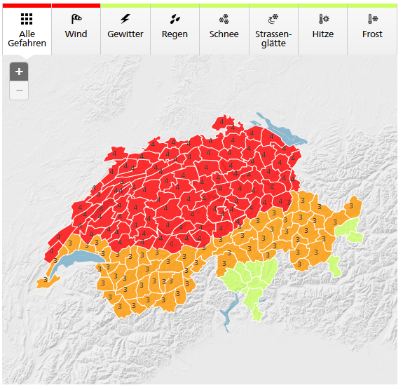 meteoschweiz's tweet photo. Warnung des Bundes: starker Sturm. Gefahrenstufe 4 (von 5). Betroffene Regionen, weitere Informationen und Verhaltensempfehlungen auf https://t.co/qjoYMzvqsA und https://t.co/YxsbM0106B oder auf der MeteoSwissApp. #MeteoSchweiz #Unwetterwarnung https://t.co/vv9jNkcPOz