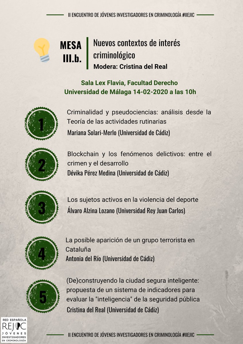 REJIC_difusion's tweet photo. #IIEJIC👥| MESAS SIMULTÁNEAS (III)
Comenzamos el 2º día con las siguientes mesas:
🔘Mesa 3-a: Reflexiones éticas y metodológicas en Criminología
🔘Mesa 3-b: Nuevos contextos de interés criminológico
🔘Mesa 3-c: Victimización en España y Europa
🔘Mesa 3-d: Criminología verde https://t.co/hAXohWljcK