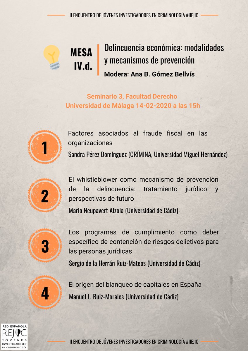 REJIC_difusion's tweet photo. #IIEJIC👥| MESAS SIMULTÁNEAS (IV)
Volvemos a las 15h con la última ronda de mesas:
🔘Mesa 4-a: Ciberdelincuencia
🔘Mesa 4-b: Menores y delincuencia
🔘Mesa 4-c: Políticas de seguridad en Europa y España
🔘Mesa 4-d: Delincuencia económica https://t.co/i9R6ewl6KZ