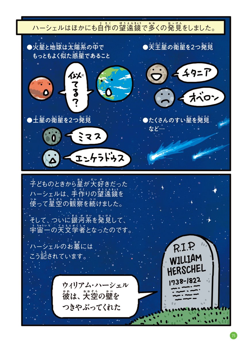 宇宙発見伝『大型望遠鏡をDIYして、夜空の星の数と明るさを数えまくり、銀河系を発見した200年前の天文学者の話』②

漫画の絵を担当した『そうだいすぎて気がとおくなる 宇宙の図鑑』https://t.co/9D4z9o8Hmv より抜粋。太っ腹な版元さんからお許しが出たのでUPしました。売れてるそうです。 