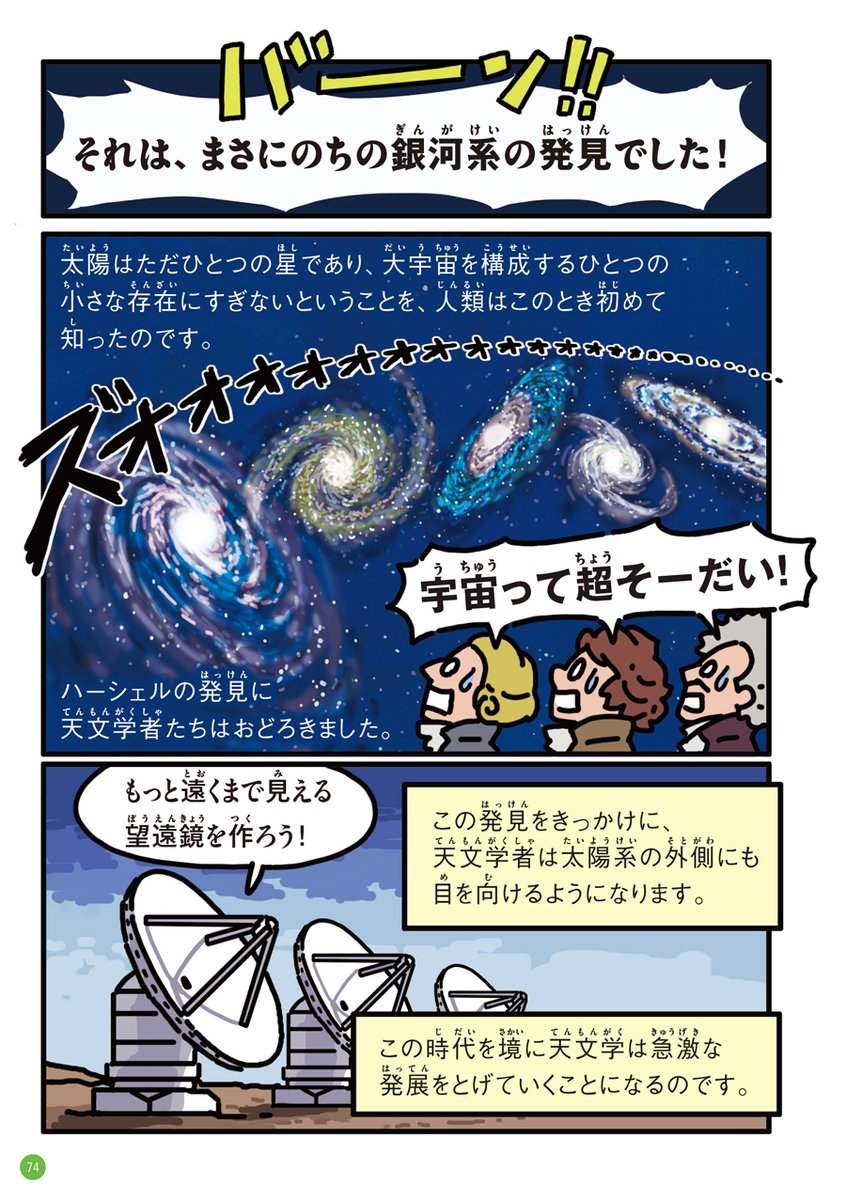 宇宙発見伝『大型望遠鏡をDIYして、夜空の星の数と明るさを数えまくり、銀河系を発見した200年前の天文学者の話』②

漫画の絵を担当した『そうだいすぎて気がとおくなる 宇宙の図鑑』https://t.co/9D4z9o8Hmv より抜粋。太っ腹な版元さんからお許しが出たのでUPしました。売れてるそうです。 