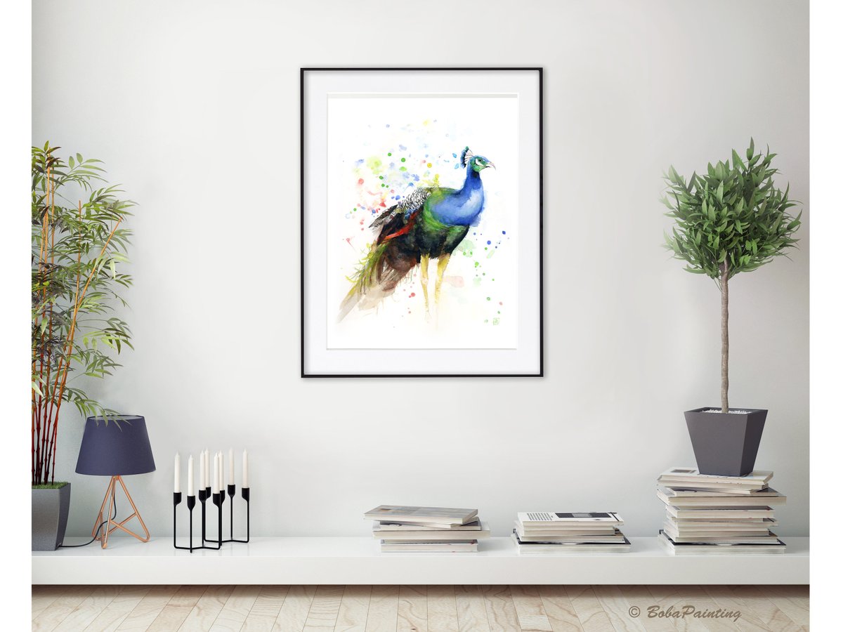#peacock #watercolorprint #peacockpainting #birdart #colorful #modern #homedecor #bobapainting #originalwatercolor #wallart #giftart #animals #birds #blue #giclee #livingroom #bedroom #forher #forhim  #https://etsy.me/2H29tTo