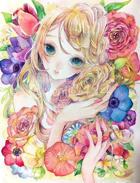 Rtで私を有名にしてください 女の子と花や小物を散りばめた絵を描いてます もてぎのイラスト