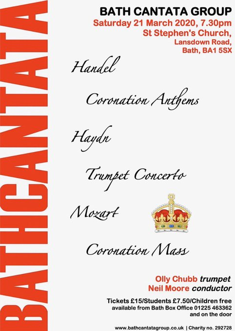 MozartCircleCN's tweet photo. 21 March 2020 #StStephenChurch Bath:
Conductor #NeilMoore @bathmusicman & @BathCantata
present
#Haydn TrumpetConcerto
#Mozart CoronationMass
#Handel CoronationAnthems! #ff #OliverChubb #StephanieWaldron #RachelGray #TimothyColeman #ConnorBaiano! #ff
https://t.co/PDxOKkuWZv https://t.co/hSoArtyICc