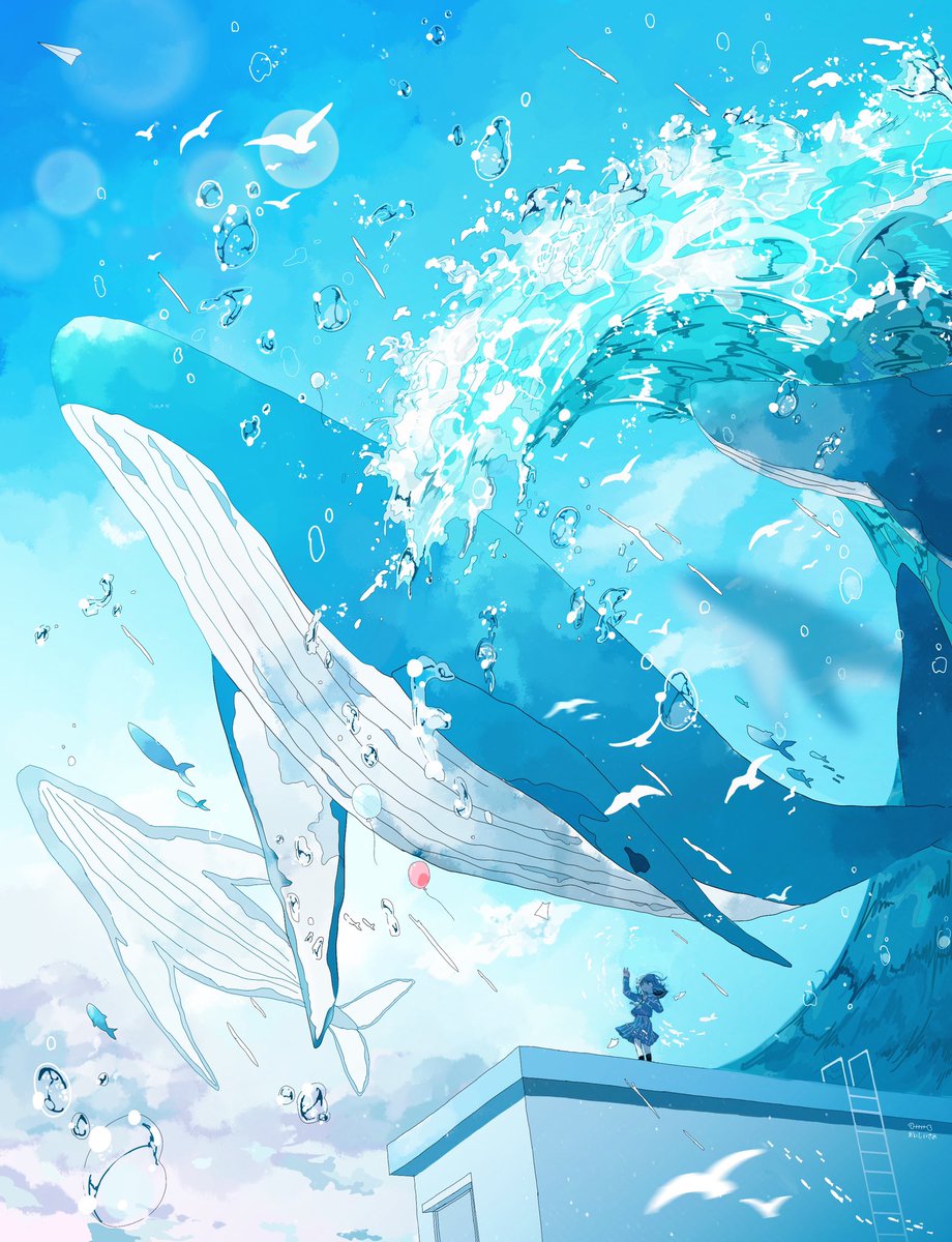 whale 1girl sky outdoors bubble water bird  illustration images