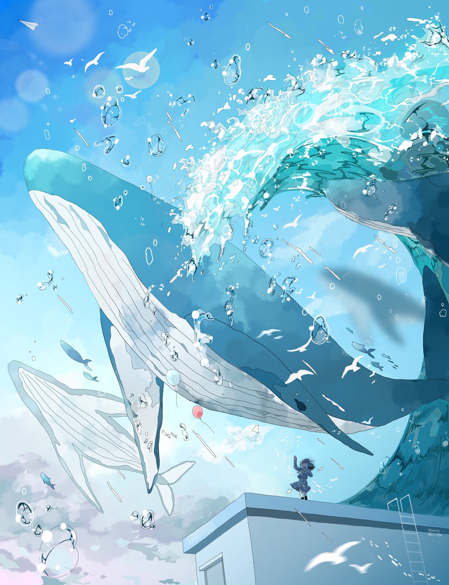 whale 1girl sky outdoors bubble water bird  illustration images