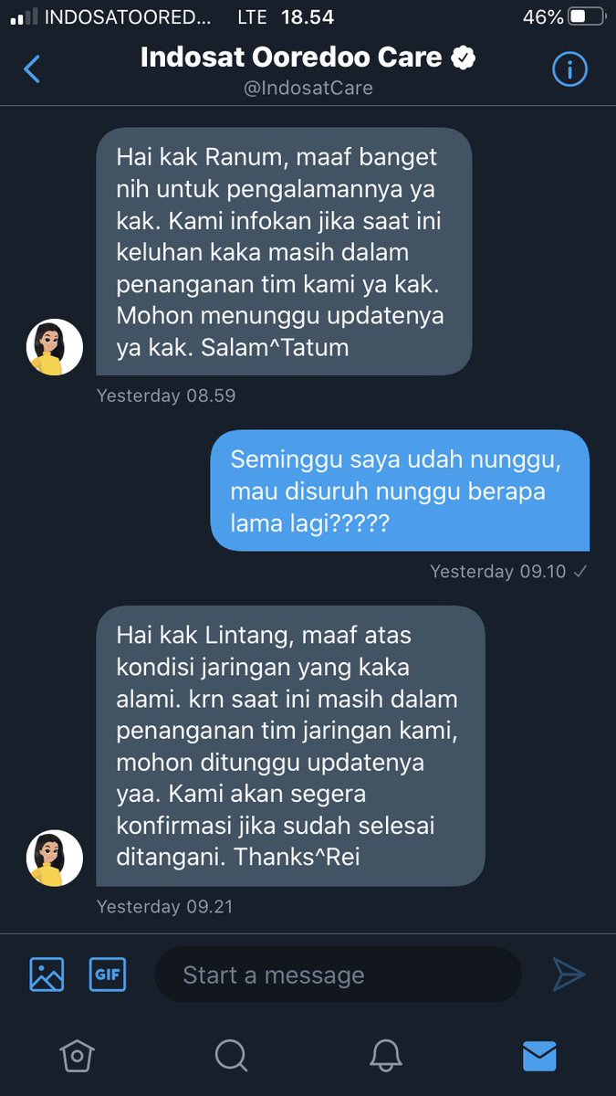ranumlintang's tweet photo. Buat kalian yg suka nunggu pake @IndosatCare aja. Nomorku masalah sampe seminggu lebih masih disuruh nunggu loh! https://t.co/T8GfKAN6x7